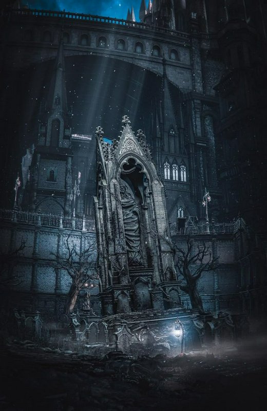 Gothic cathedral ruin with an ornate statue niche, illuminated by moonbeams in a foggy night scene