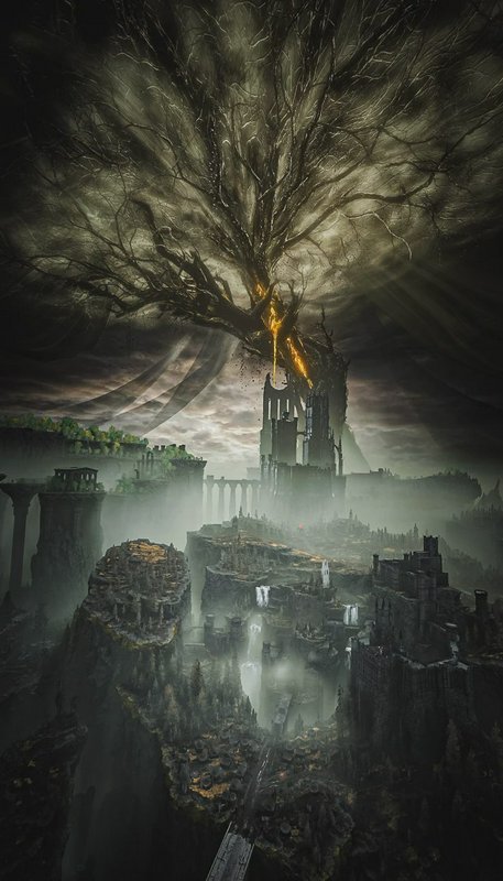 Massive glowing spectral Erdtree towers over mist-shrouded ruined gothic fantasy kingdom under sw...