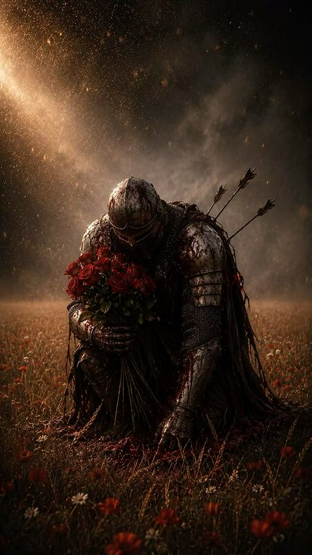 Wounded bloodied medieval knight kneels holding a red rose bouquet, arrows in his armor, on a mis...