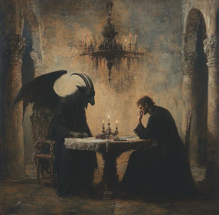 Gothic oil painting of a winged horned demon and pensive man seated across from each other at a c...