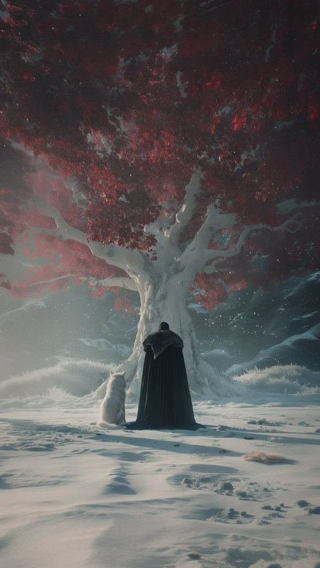 Cloaked figure and white direwolf stand before a red-leaved weirwood tree in a misty snowy winter...