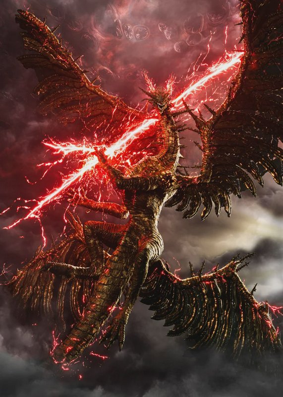 Massive multi-winged ancient dragon boss channels glowing red lightning against a turbulent storm...