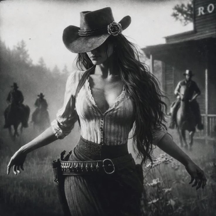 Black and white vintage art of a female gunslinger, with cowboys on horseback approaching in a mi...