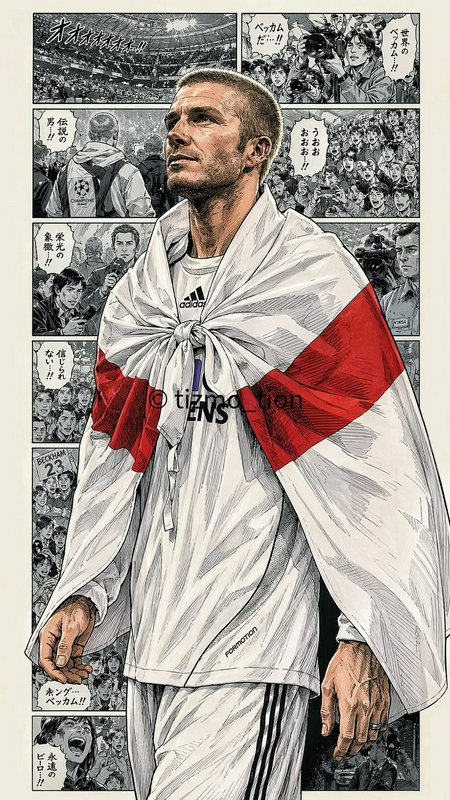 Manga style illustration of David Beckham draped in an England flag, set against a background of ...