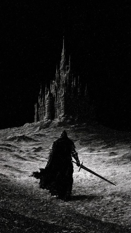 Hooded armored knight holding a greatsword walks toward a towering spired gothic castle across a ...