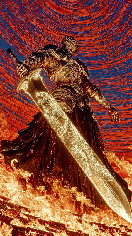 Ornate gold armored knight holds a dragon-etched greatsword, standing in flames under a swirling ...