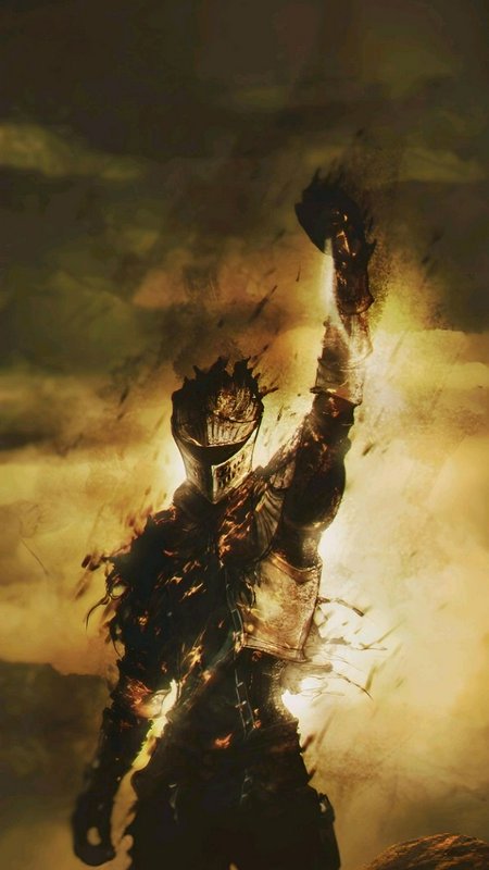 Armored Dark Souls knight raises a glowing arm, surrounded by warm golden ethereal smoke, gritty ...