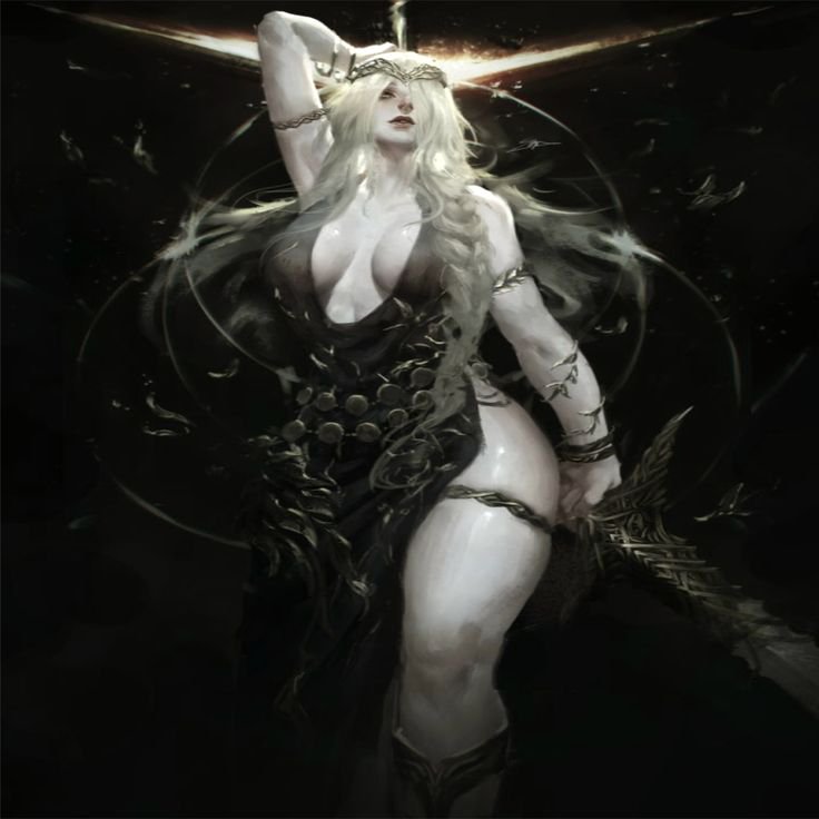 Dark fantasy portrait of a pale blonde goddess figure holding an ornate sword against a shadowy g...