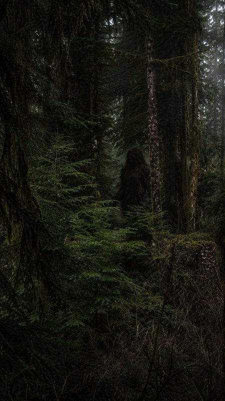Silhouetted furry Bigfoot creature stands partially hidden in a misty, dark old-growth evergreen ...