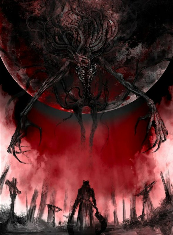 Towering tentacled eldritch monster looms over a lone hunter beneath a blood red moon in a dark h...
