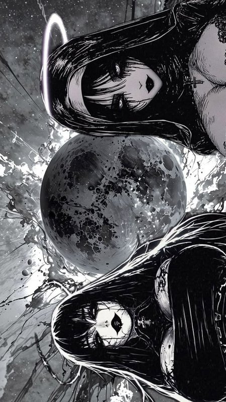 Monochrome gothic manga art of two dark angel twin figures flanking a textured full moon, starry ...