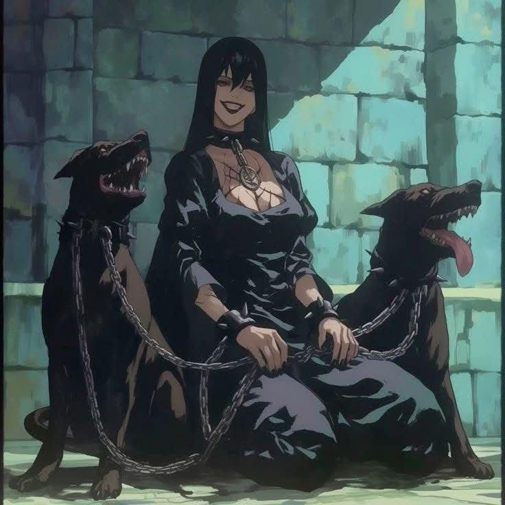 Retro anime dark fantasy woman holding chains for two snarling black hellhounds in a stone dungeon