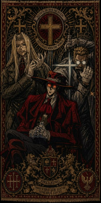 Ornate tapestry-style Hellsing fan art featuring Alucard, Integra, and Alexander Anderson framed ...