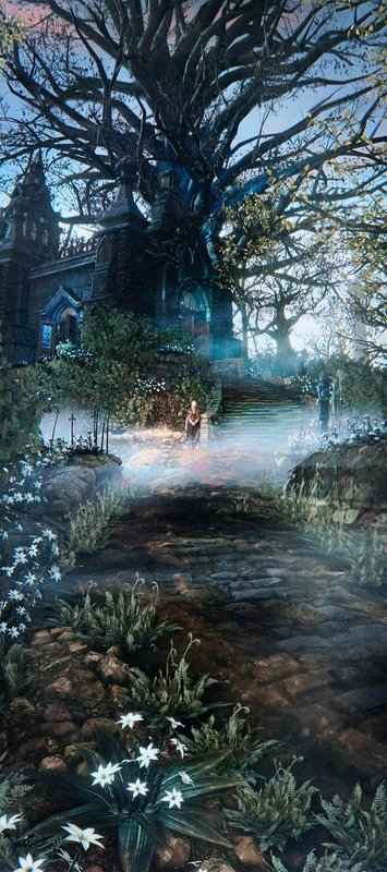 Misty fantasy game scene with cobblestone path, glowing white wildflowers, giant gnarled tree, an...