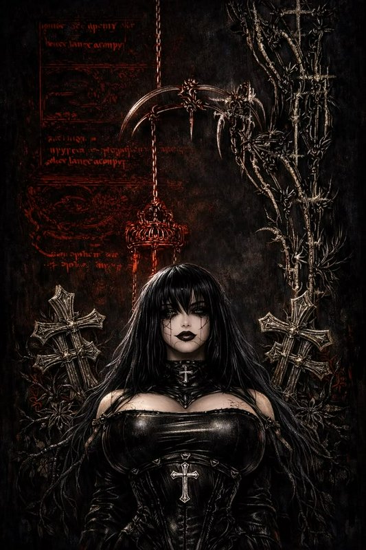 Gothic dark fantasy female character with cracked face detailing, black leather cross-adorned out...