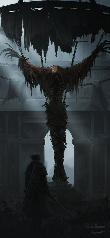 Bloodborne fan art: Silhouetted hunter faces a towering chained robed eldritch creature in misty ...