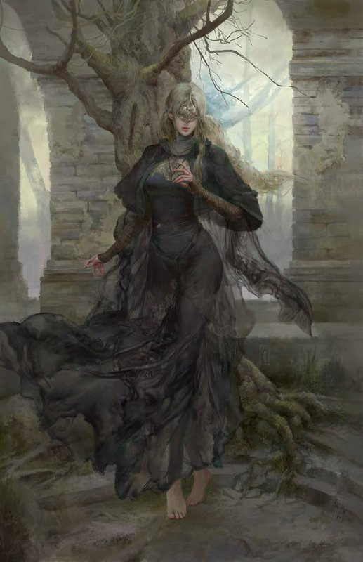 Blindfolded blonde fantasy woman in flowing sheer black gown stands barefoot before a gnarled tre...