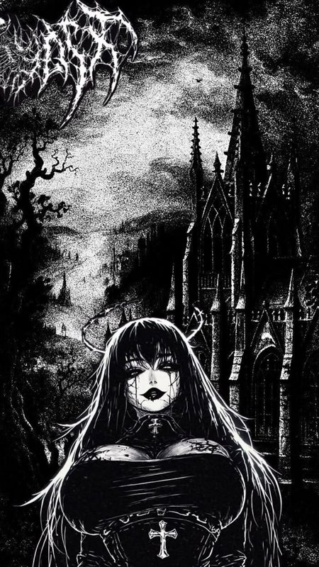 Monochrome dark art of a gothic nun with thorn halo, standing before a spooky gothic cathedral la...