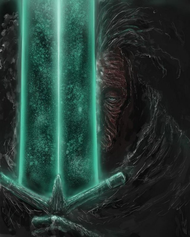 Gritty dark fantasy art of a scarred warrior beside a glowing enchanted emerald greatsword, inten...