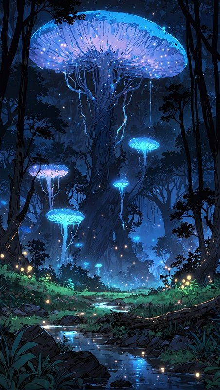 Anime-style enchanted night forest with giant glowing bioluminescent blue mushrooms along a windi...