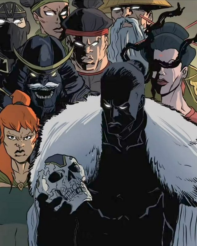 Menacing dark fantasy comic panel of a villain crew, lead masked figure holding a cracked skull, ...