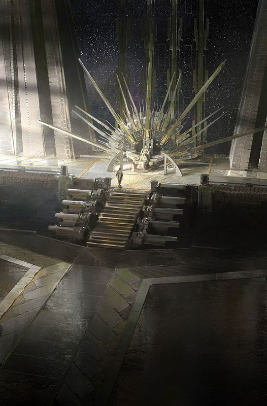 Futuristic sci-fi space station throne room, with a spiked radial metal throne, lone figure on st...