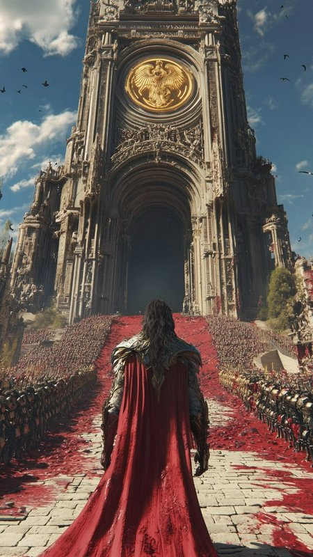 Back view of armored warrior in a bloodied red cape facing a towering ornate imperial gate, flank...