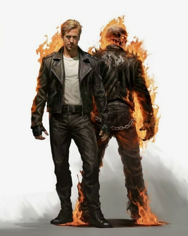 Ryan Gosling as Johnny Blaze stands back to back with his flaming Ghost Rider supernatural alter ...