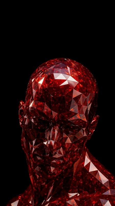 Close-up of a faceted deep red crystal human bust sculpture against a solid black background