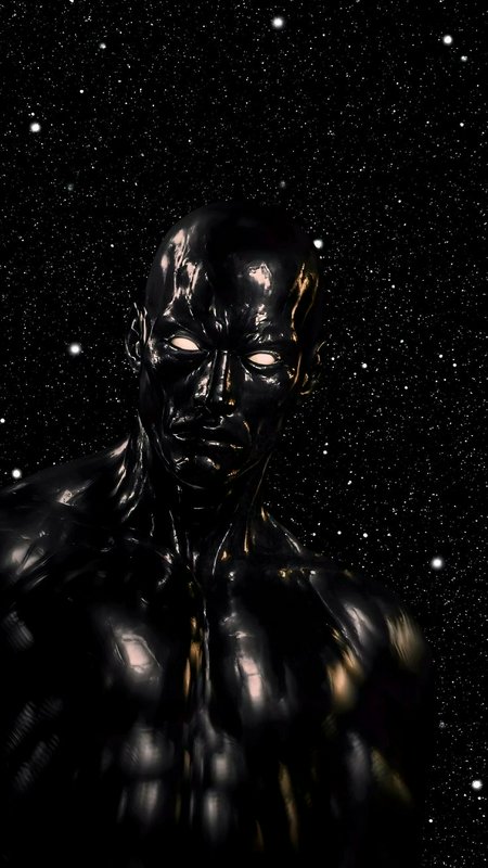 Glossy muscular black humanoid figure with glowing pale eyes, set against a dark starry outer spa...