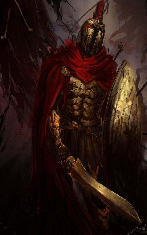 Battle-worn Spartan warrior in cracked golden armor and red cape holds sword and shield on a dark...