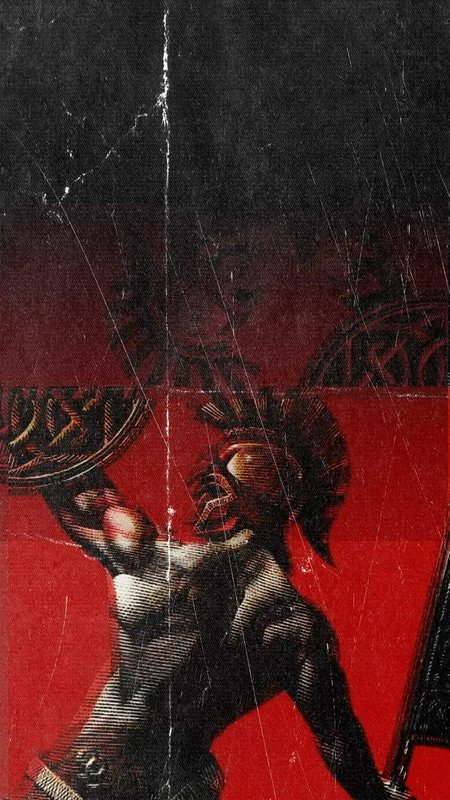 Scratched vintage illustration of a shouting Spartan warrior holding a shield aloft against a bla...