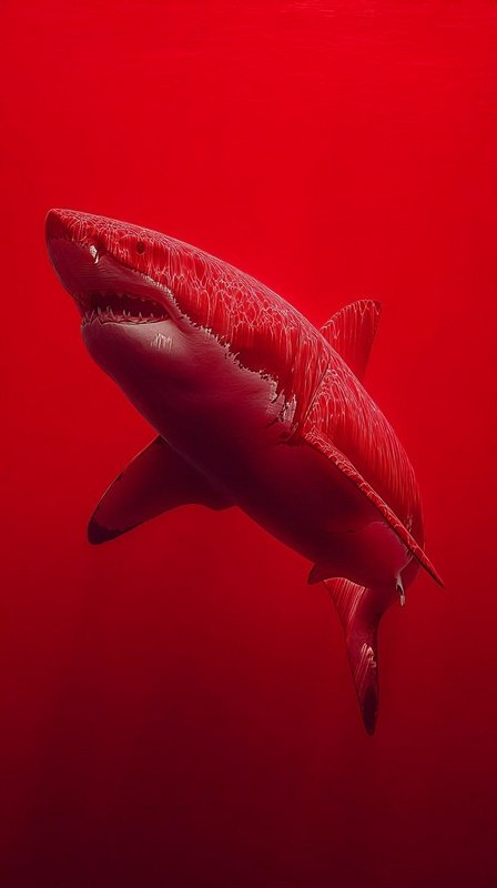 Surreal textured red great white shark swimming against a solid gradient red underwater background
