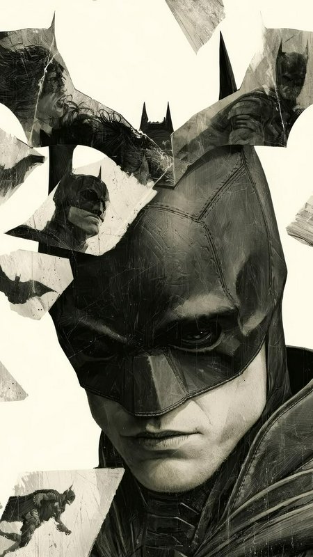 Sepia-toned collage portrait of Batman, surrounded by jagged shattered shard panels of alternate ...