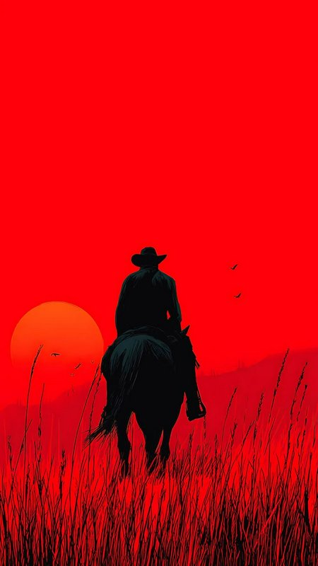Silhouette of cowboy on horseback in tall prairie grass against a vivid bright red sunset sky