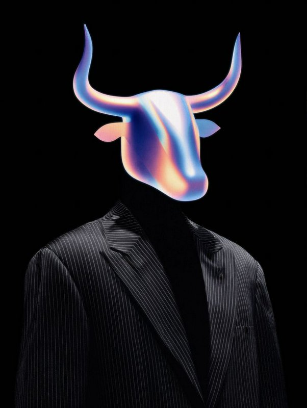 [Surreal figure in pinstripe suit with glowing iridescent holographic bull head against a solid black background]