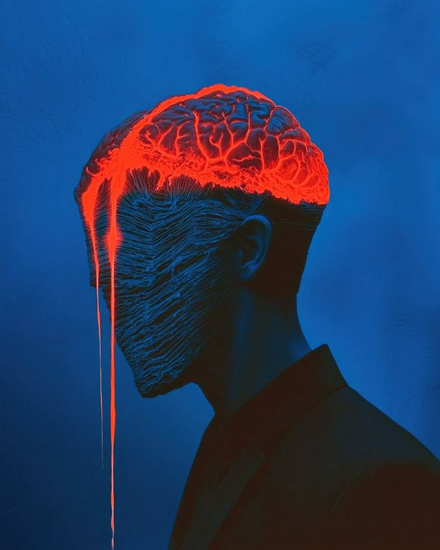 [Surreal side profile portrait of a person with a glowing red exposed brain, neon drips falling from their head against a ...