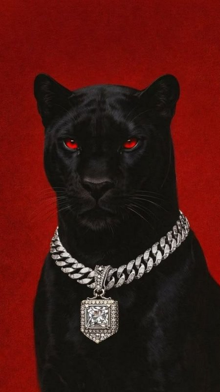 Front portrait of a black panther with bright red eyes wearing an iced diamond cuban chain agains...