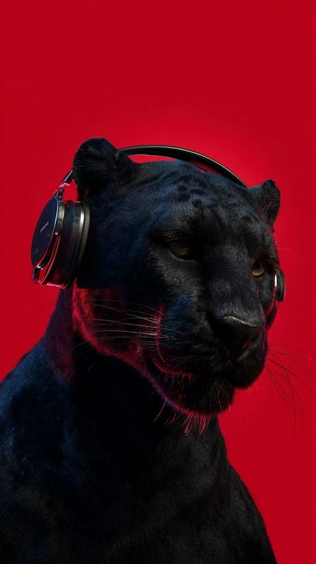 Close-up portrait of a black panther wearing over-ear headphones against a solid bright red background.