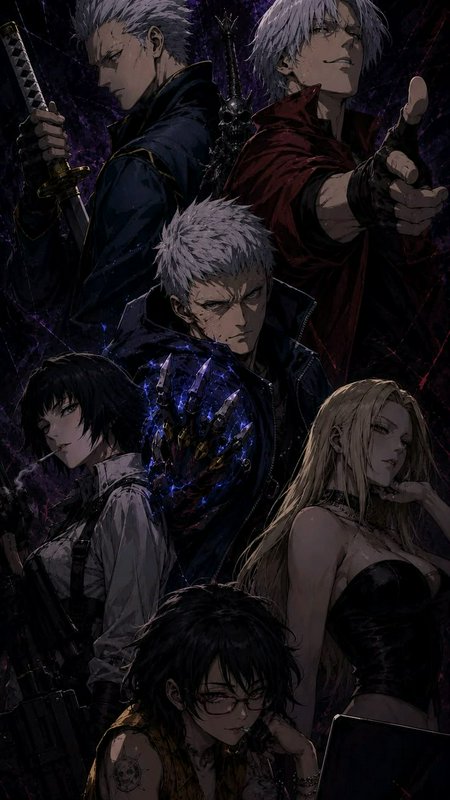 Vertical stacked anime fan art of the Devil May Cry main character cast against an ominous dark p...