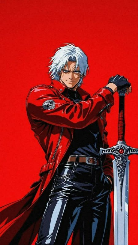 Anime illustration of Devil May Cry's Dante leaning on an ornate greatsword against a bold solid ...