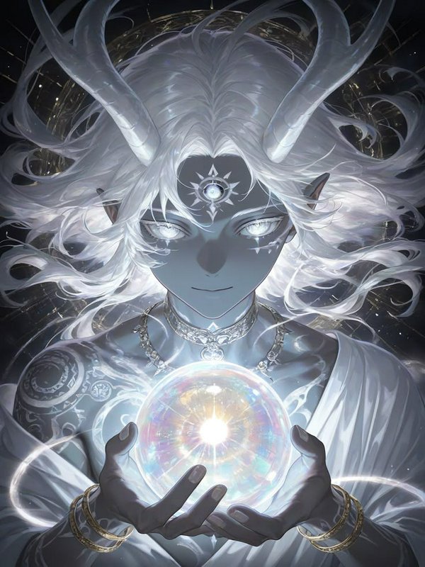 Anime horned celestial deity with glowing third eye holds a luminous magical orb, ethereal dark f...