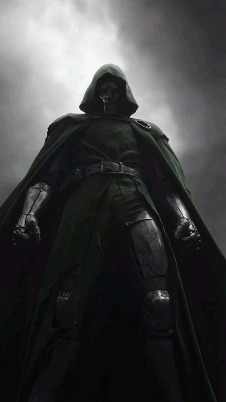 Low angle shot of Doctor Doom in a hooded green cloak and metallic armor, standing against a dark...