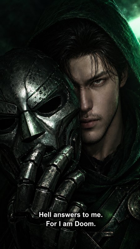 Doctor Doom holds his battle-worn steel mask, half his face visible beneath a dark green hood.