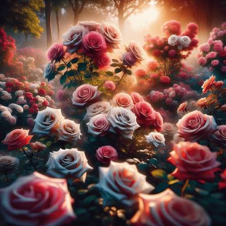 Warm golden hour sun filters through mist over a lush garden full of pink, red, and pale white ro...