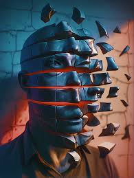 Surreal digital art of a stacked, shattering blue human head with glowing red cut lines against a gradient tiled wall.