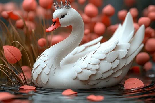 Layered paper art of an elegant crowned white swan floating on rippled dark water surrounded by s...
