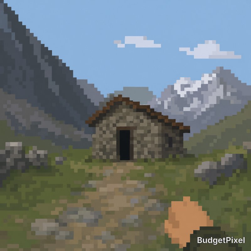 Pixelated stone hut in a mountain valley under a blue sky.