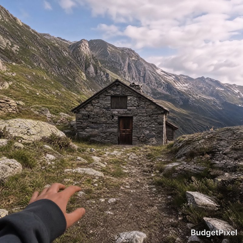 Stone alpine cabin on a rocky hiking path with towering mountain peaks in the background.