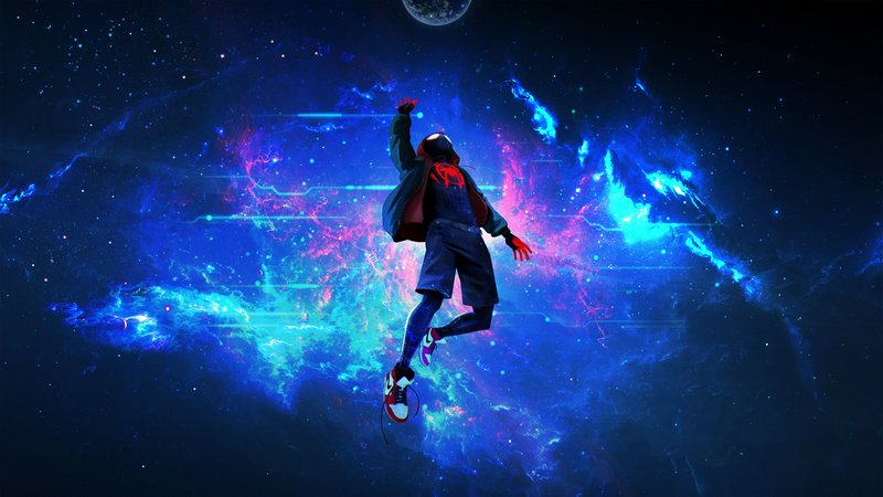 Miles Morales Spider-Man floats weightless against a vibrant glowing cosmic nebula outer space ba...